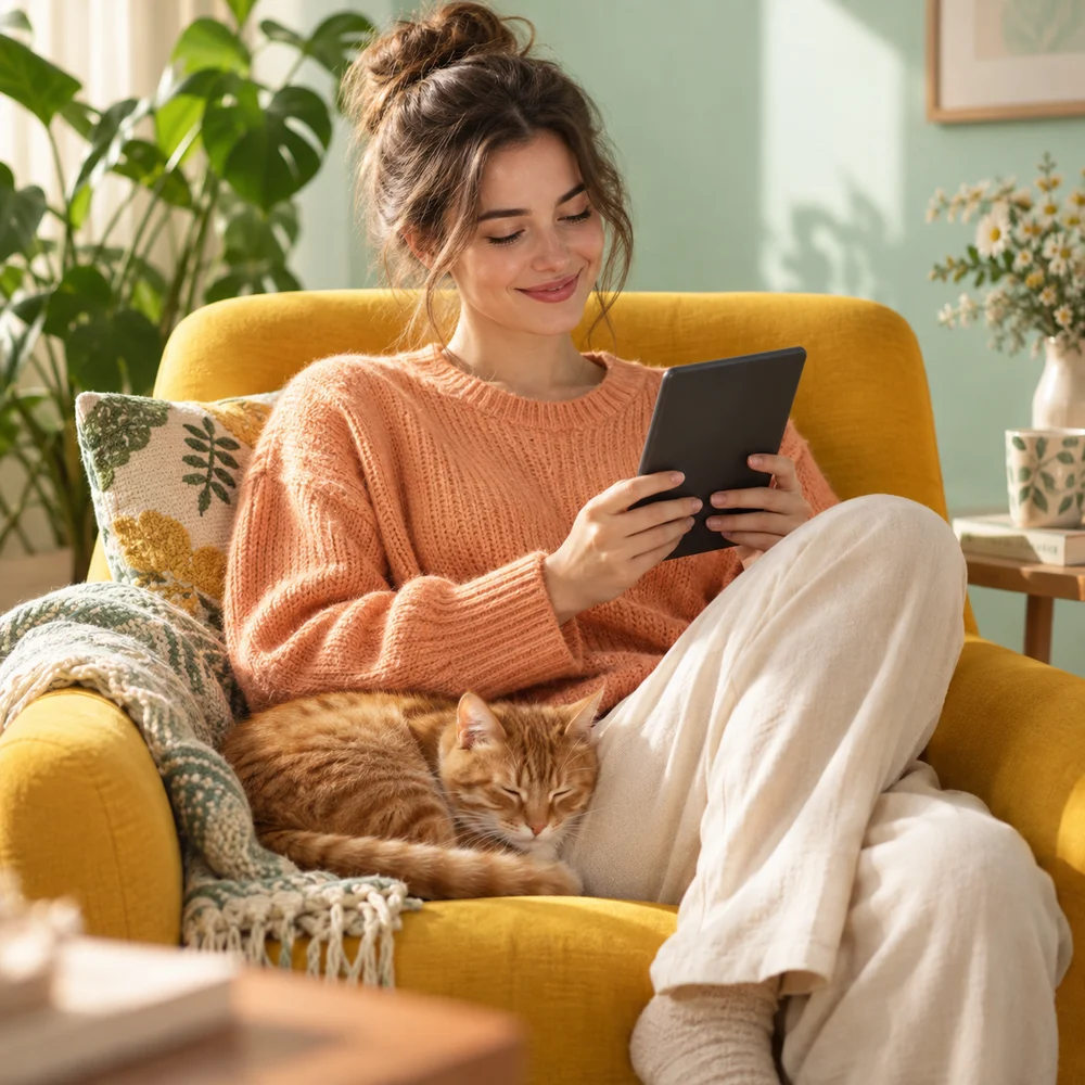Sarı koltuğunda kedisiyle birlikte e-kitap okuyan genç kadın