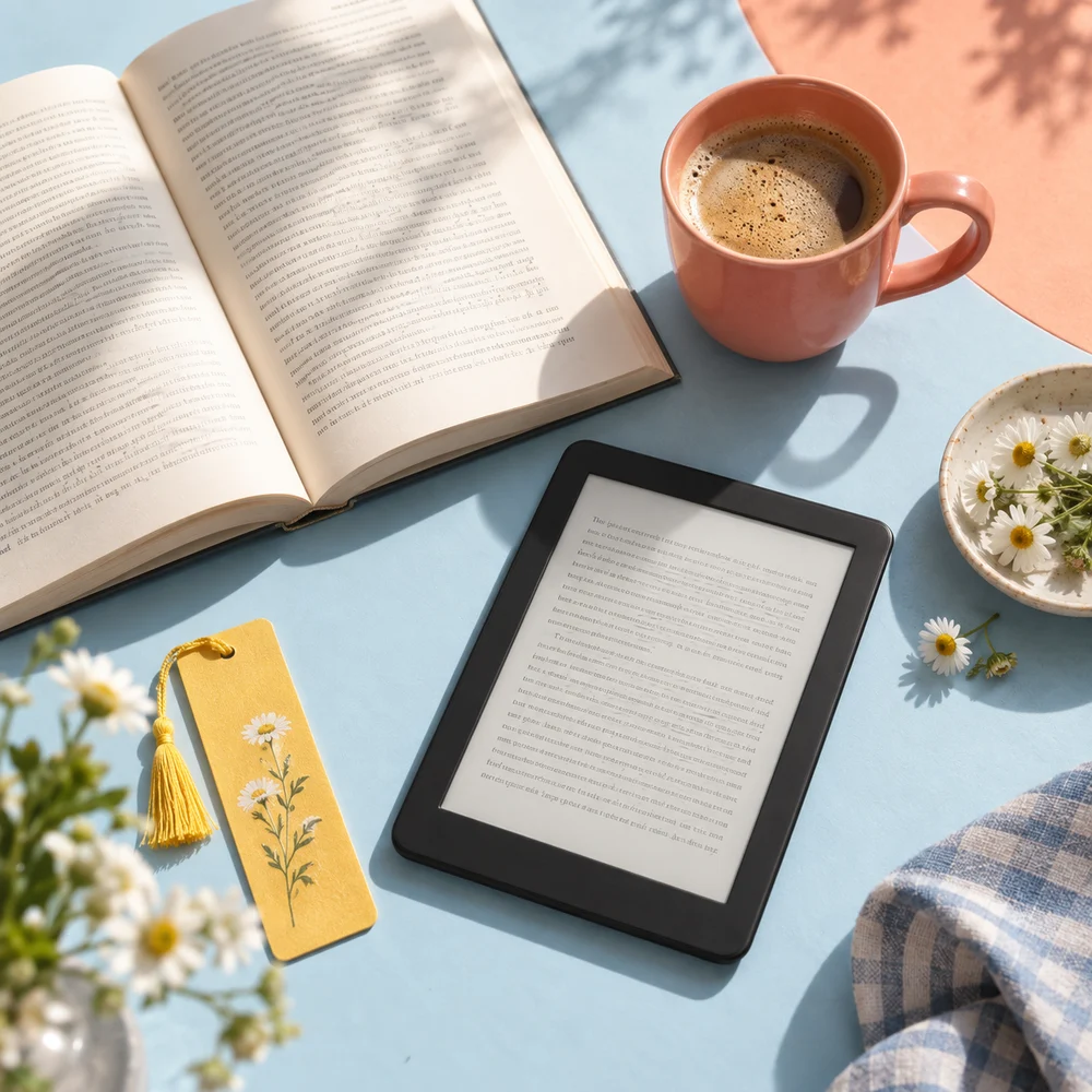 Mavi bir masa üzerinde e-okuyucu, kitap, kahve ve papatyalar